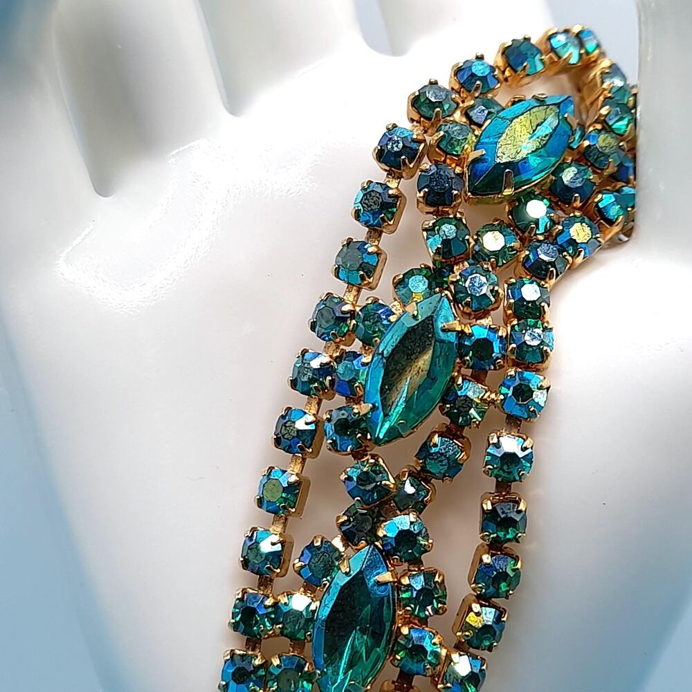 Green Blue Aurora Borealis Rhinestone Bracelet, Gold Plated, 1960s Vintage